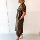 Puff Sleeve Midi Dress - Animal Print