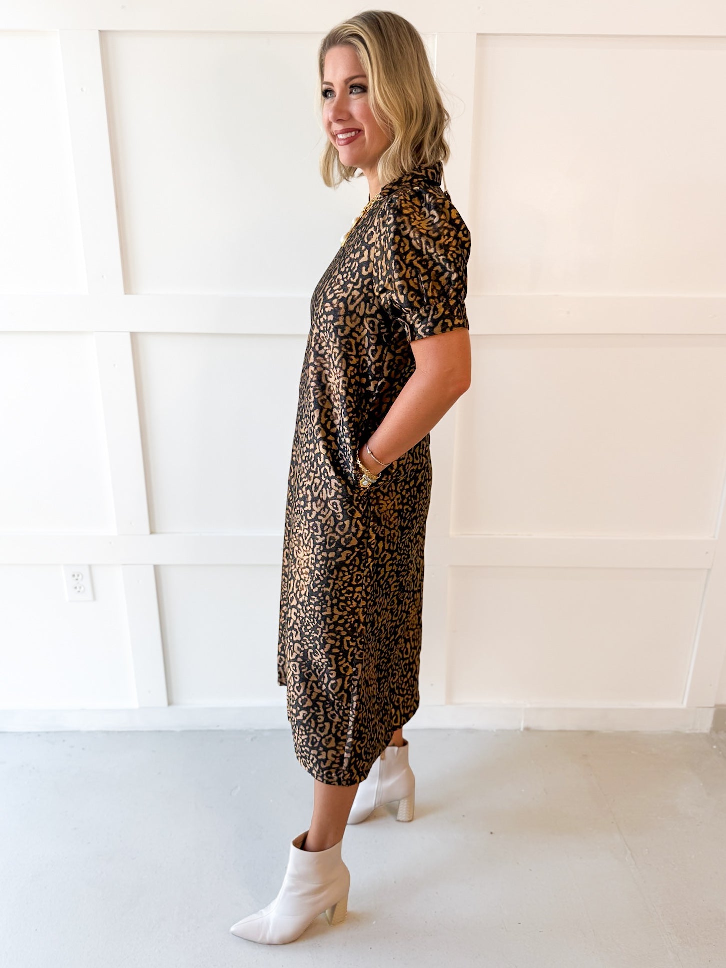 Puff Sleeve Midi Dress - Animal Print