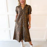 Puff Sleeve Midi Dress - Animal Print