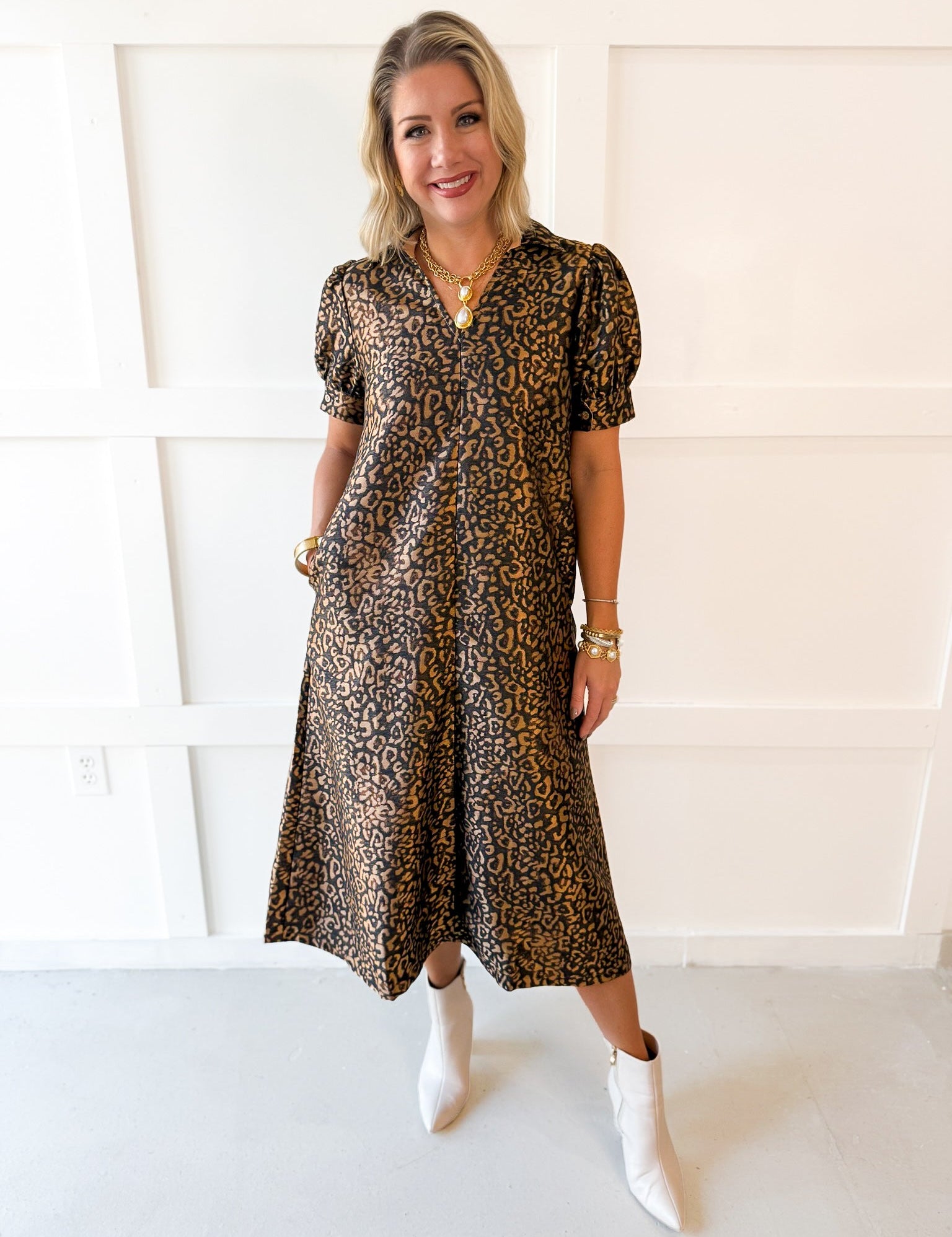 Puff Sleeve Midi Dress - Animal Print