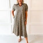 Puff Sleeve Midi Dress - Animal Print