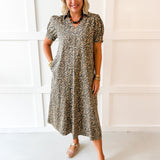 Puff Sleeve Midi Dress - Animal Print