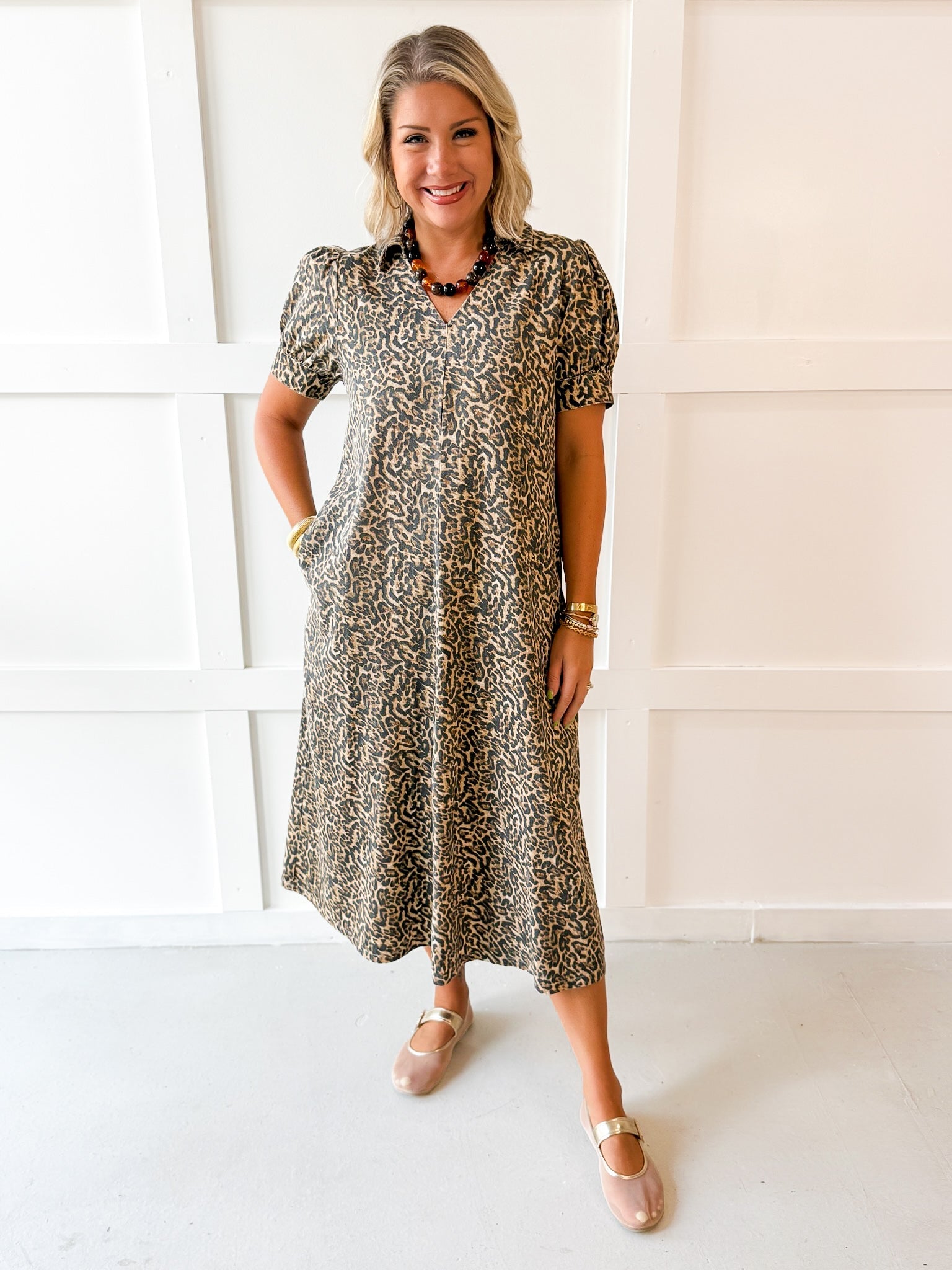 Puff Sleeve Midi Dress - Animal Print