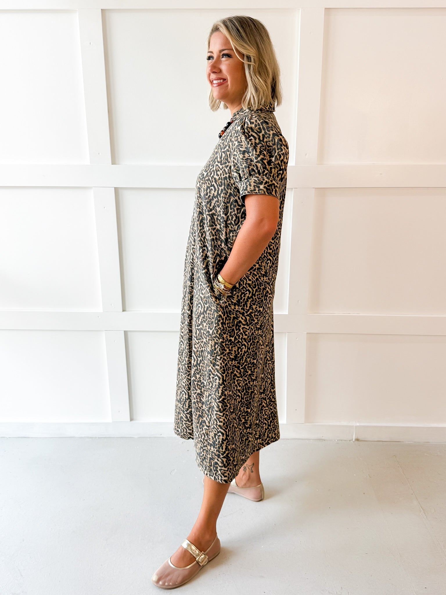 Puff Sleeve Midi Dress - Animal Print