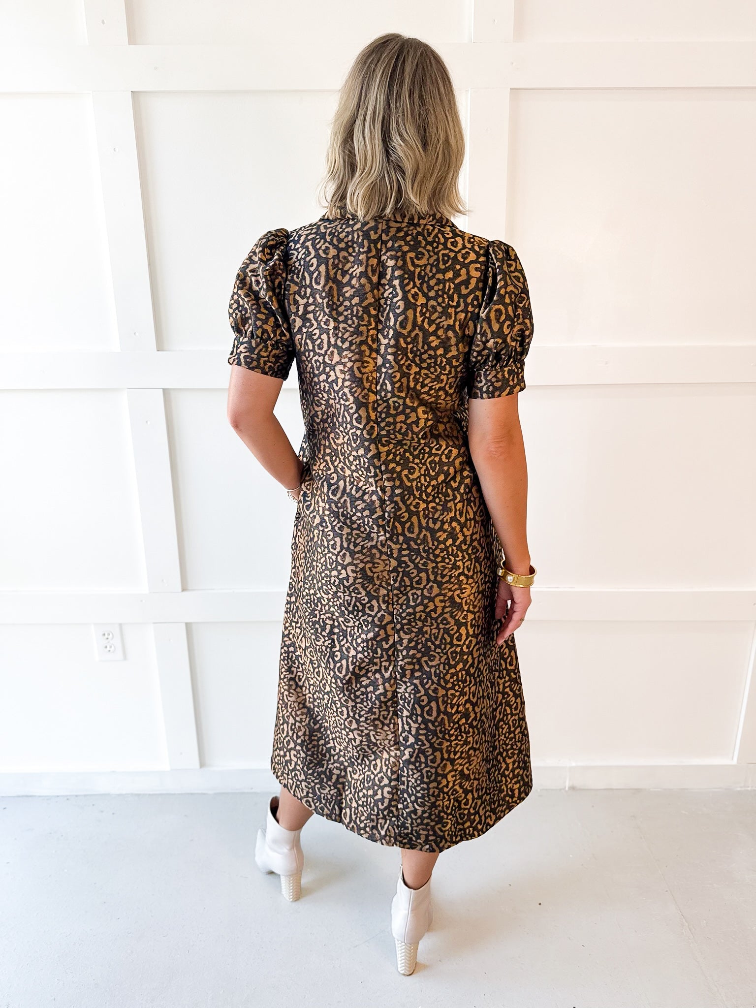 Puff Sleeve Midi Dress - Animal Print