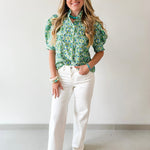 Puff Sleeve Ruffle Neck Top - Green