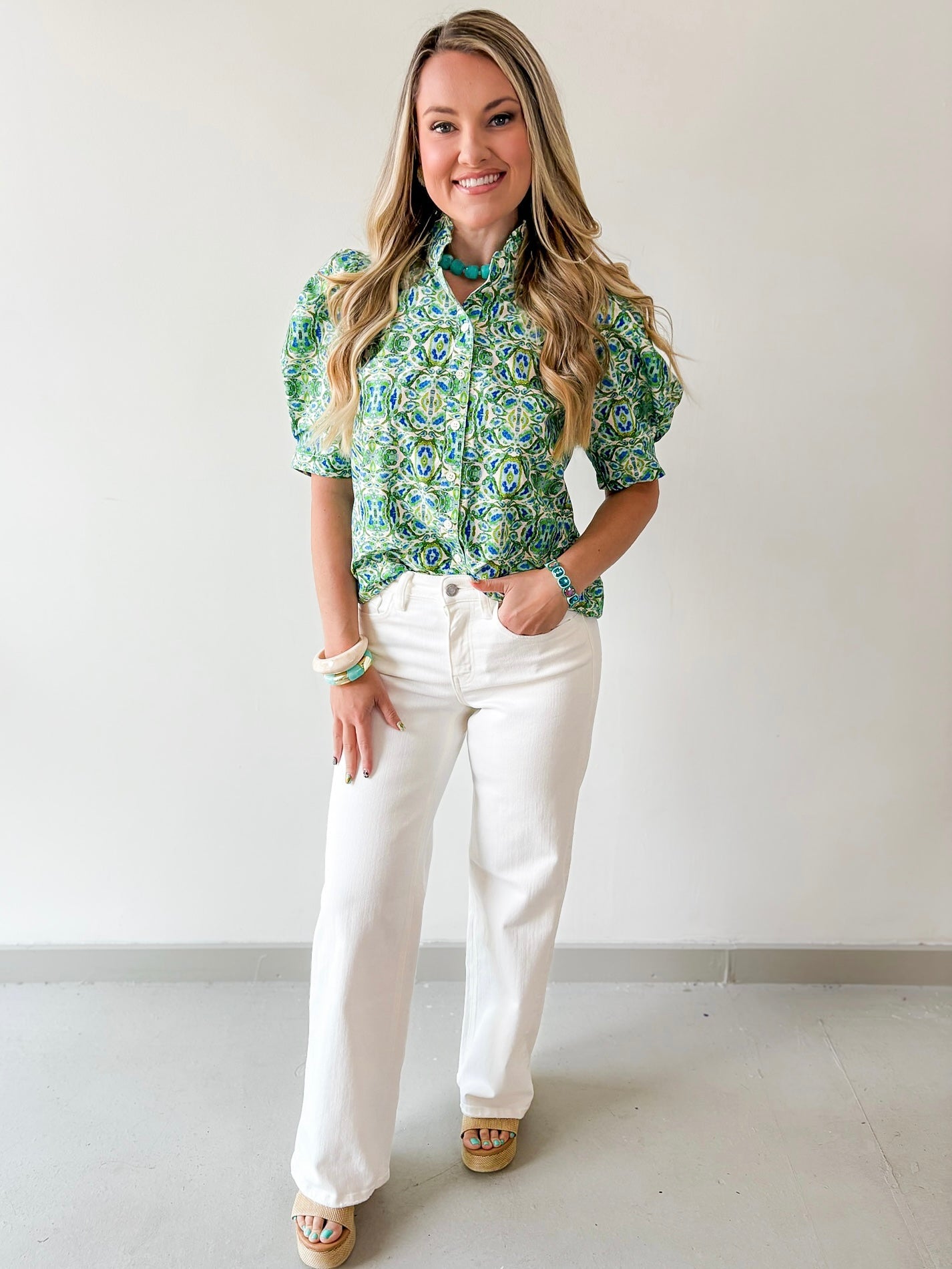 Puff Sleeve Ruffle Neck Top - Green