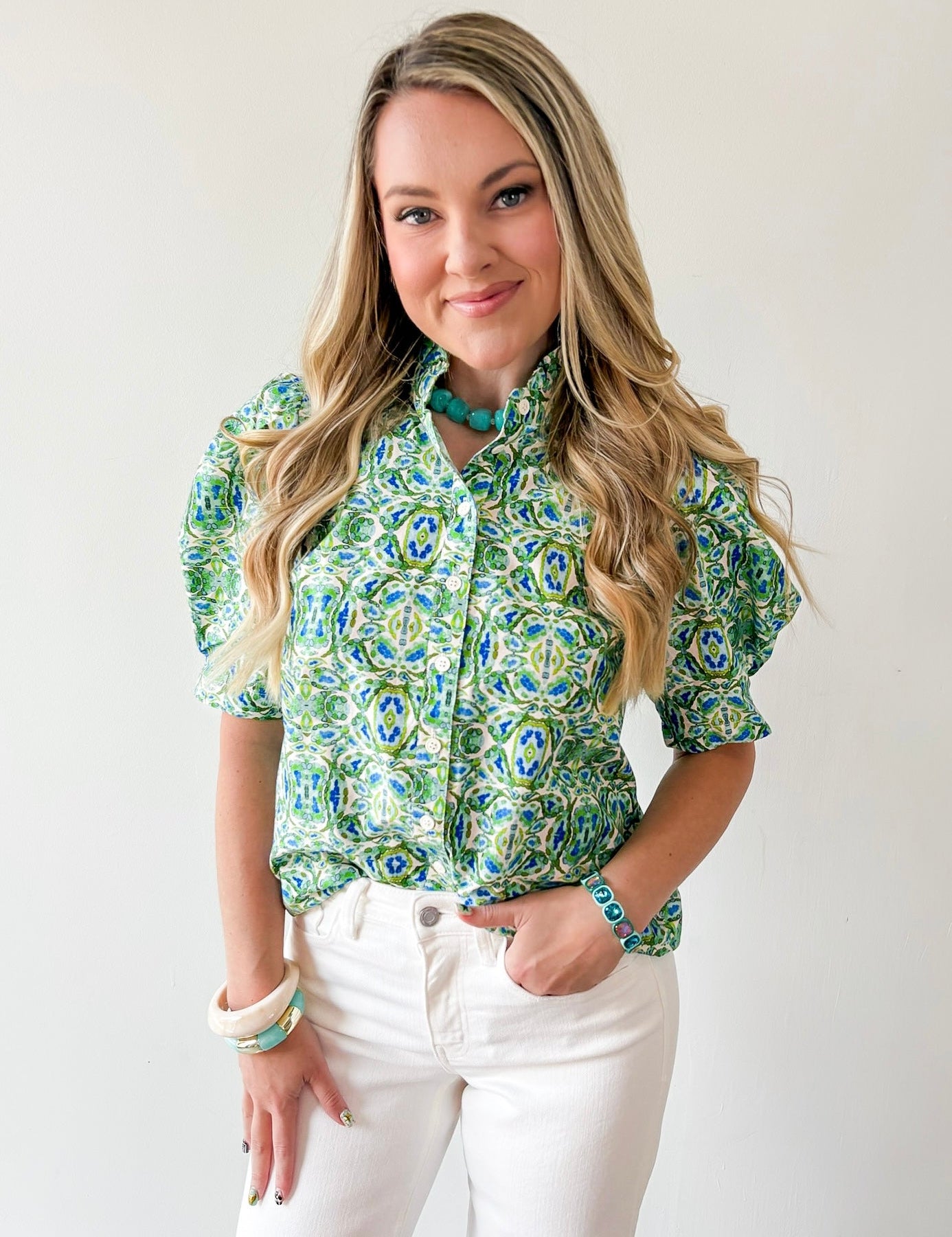 Puff Sleeve Ruffle Neck Top - Green