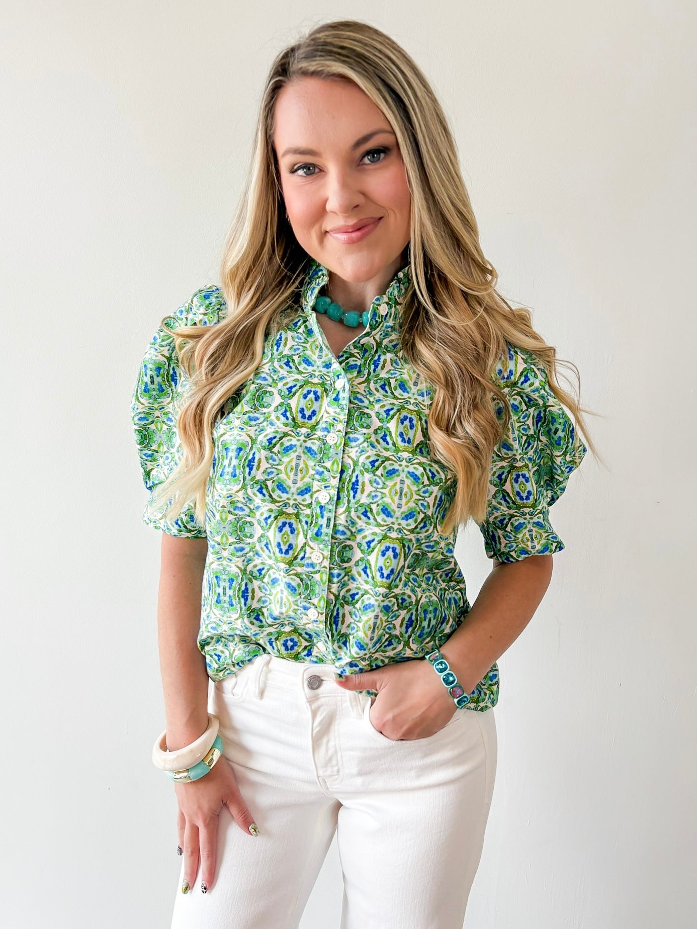 Puff Sleeve Ruffle Neck Top - Green