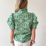 Puff Sleeve Ruffle Neck Top - Green