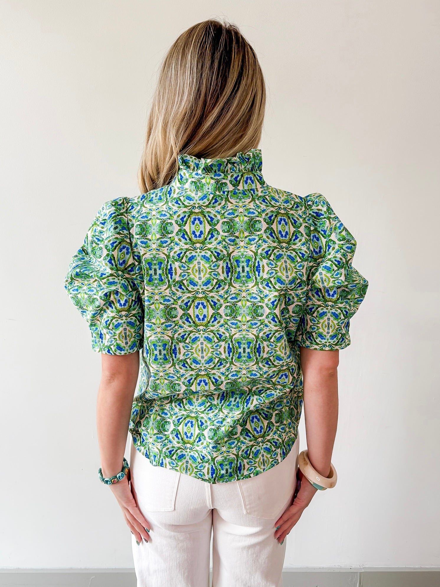 Puff Sleeve Ruffle Neck Top - Green