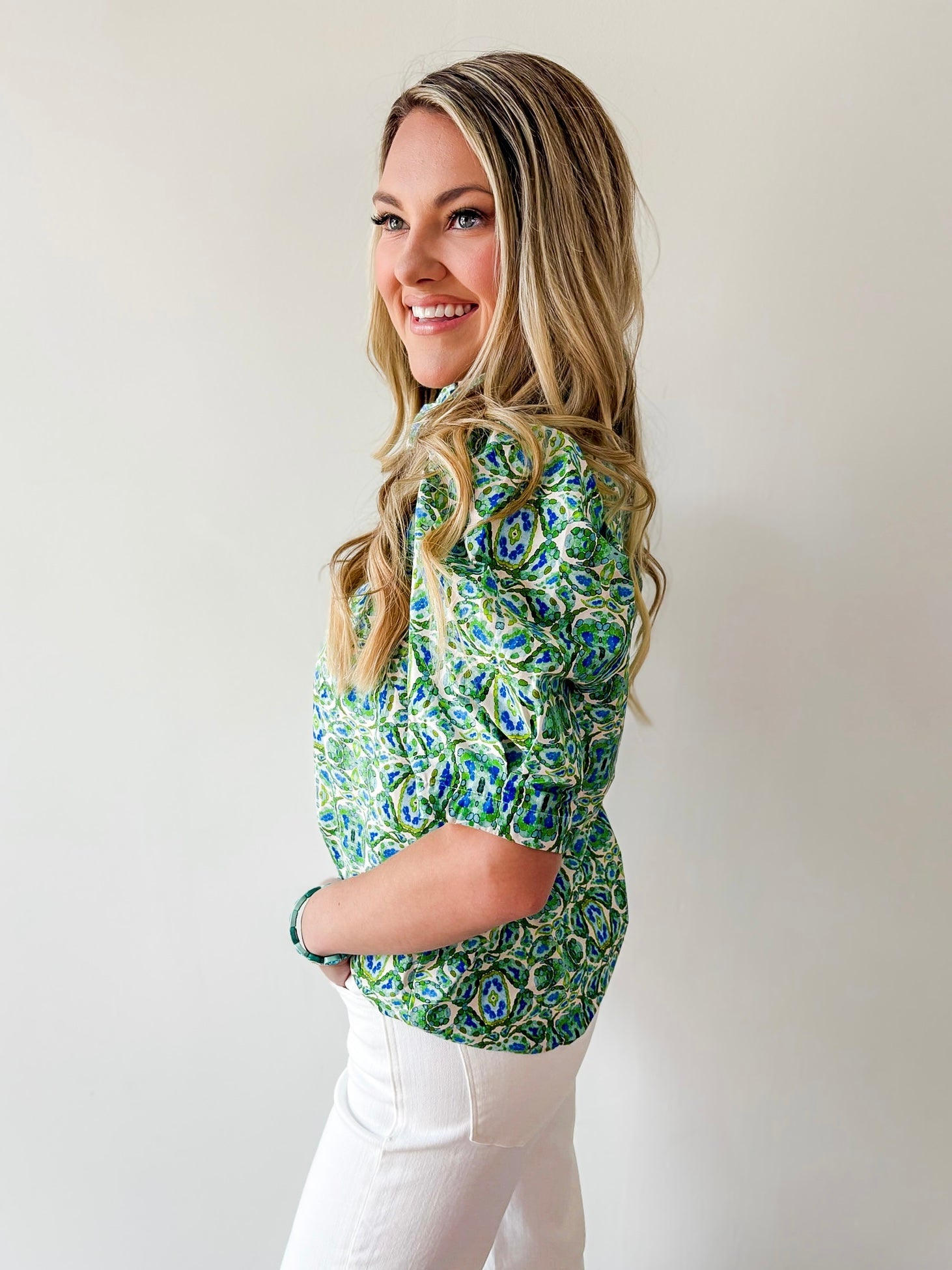 Puff Sleeve Ruffle Neck Top - Green
