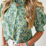 Puff Sleeve Ruffle Neck Top - Green