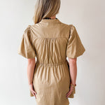 Puff Sleeve Self Tie Mini Dress- Tan