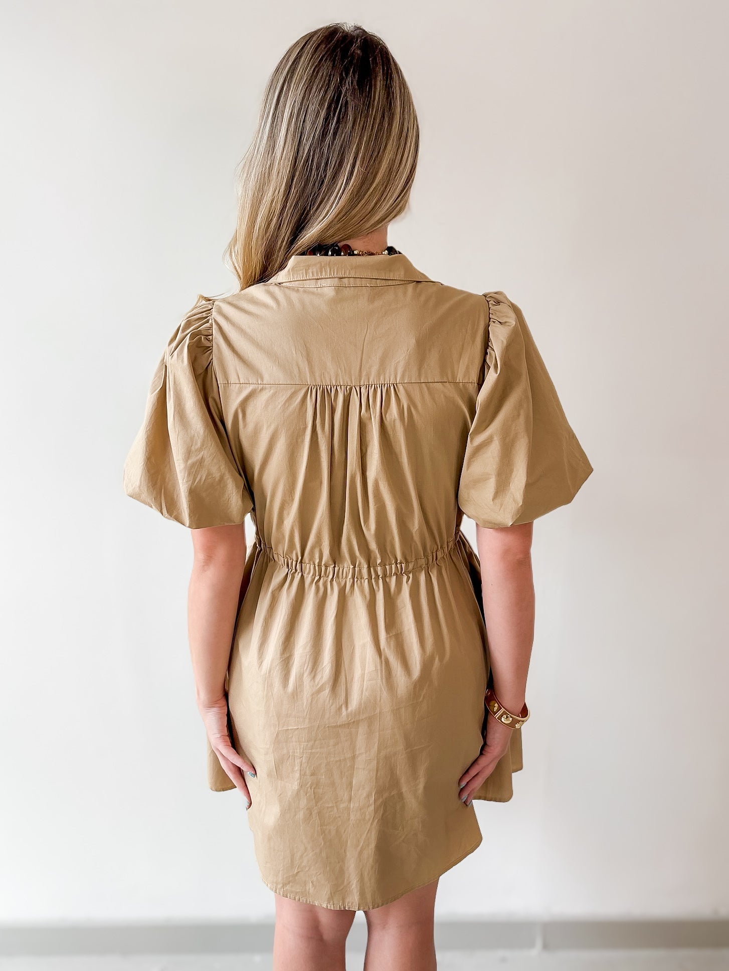 Puff Sleeve Self Tie Mini Dress- Tan