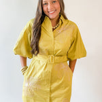 Puff Sleeve Shirt Dress- Chartreuse