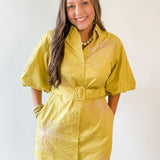 Puff Sleeve Shirt Dress- Chartreuse