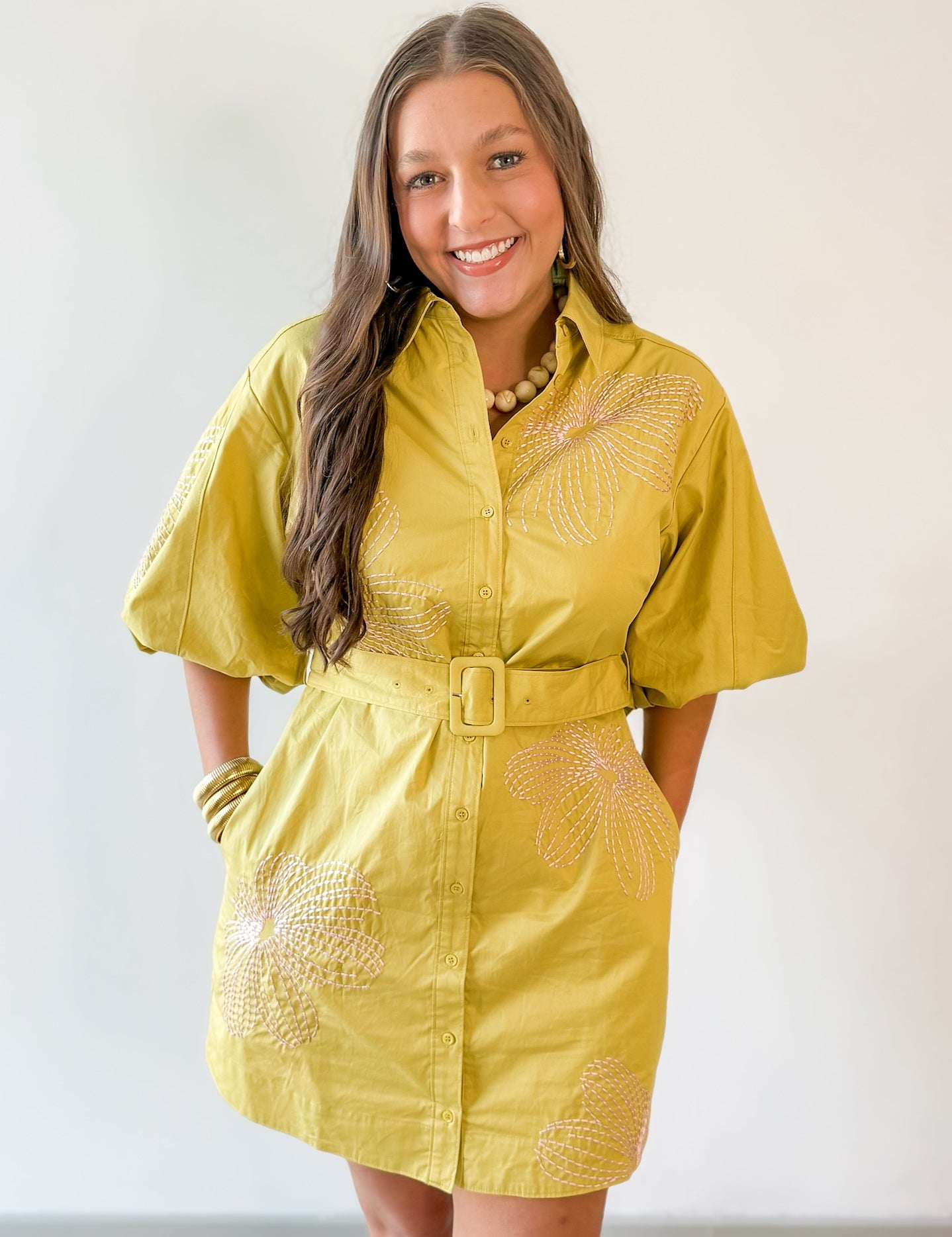 Puff Sleeve Shirt Dress- Chartreuse