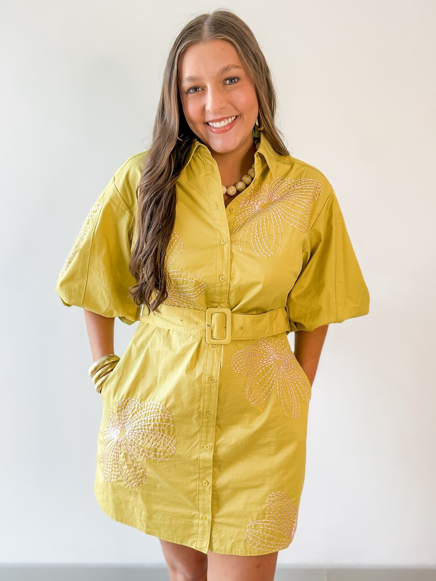 Puff Sleeve Shirt Dress- Chartreuse