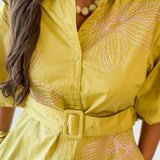 Puff Sleeve Shirt Dress- Chartreuse