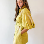 Puff Sleeve Shirt Dress- Chartreuse