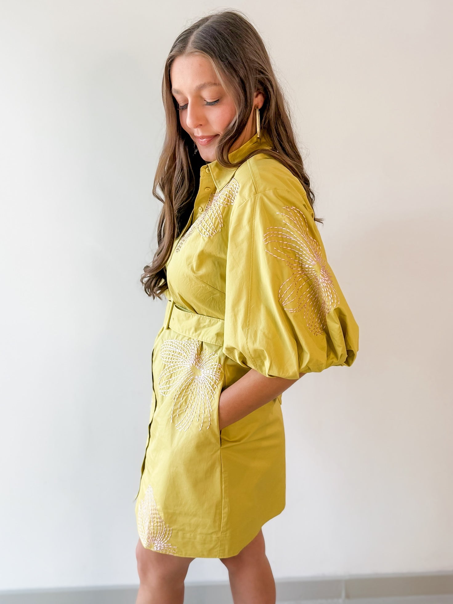 Puff Sleeve Shirt Dress- Chartreuse