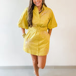 Puff Sleeve Shirt Dress- Chartreuse