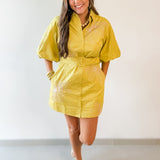 Puff Sleeve Shirt Dress- Chartreuse