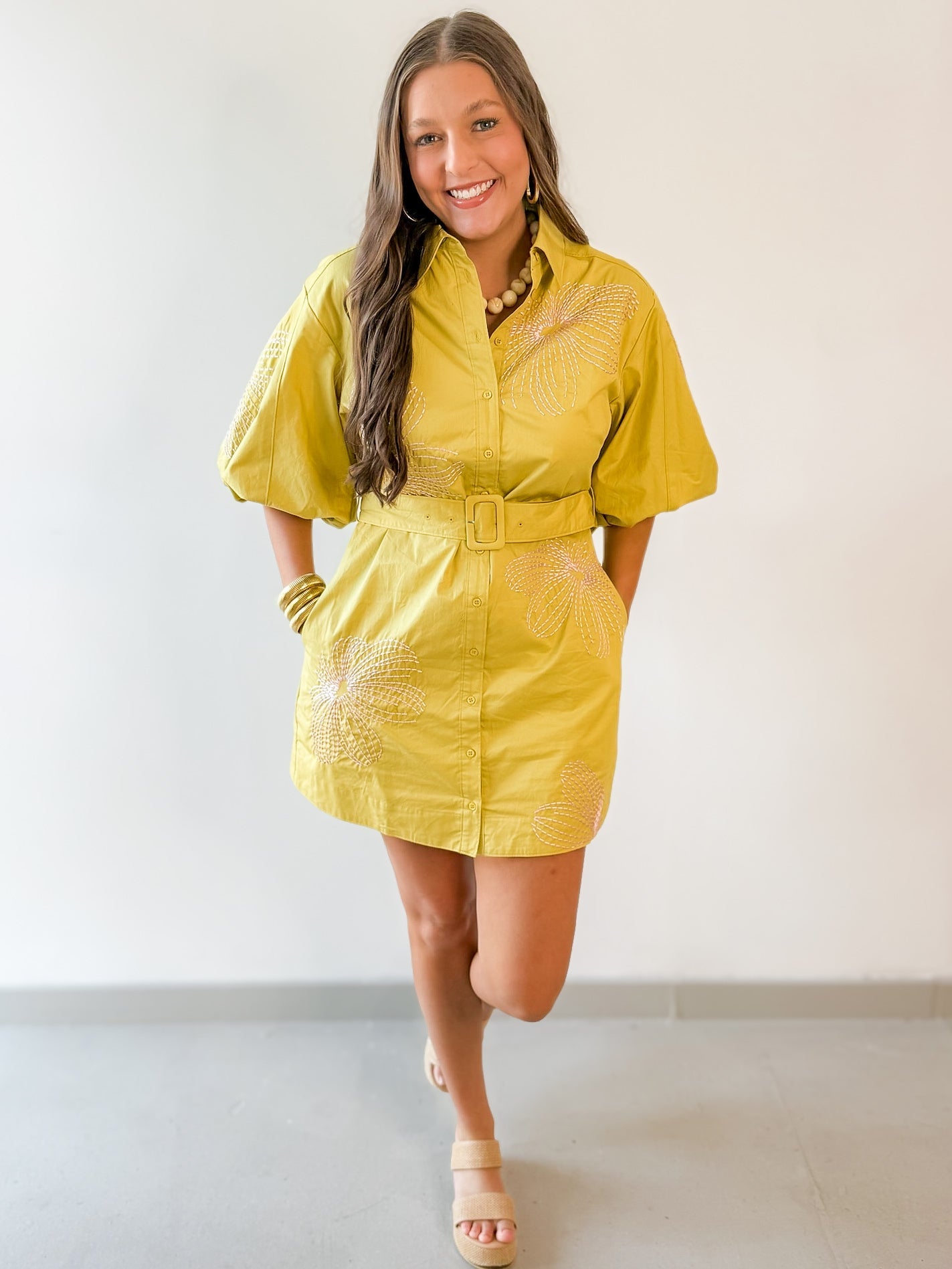 Puff Sleeve Shirt Dress- Chartreuse