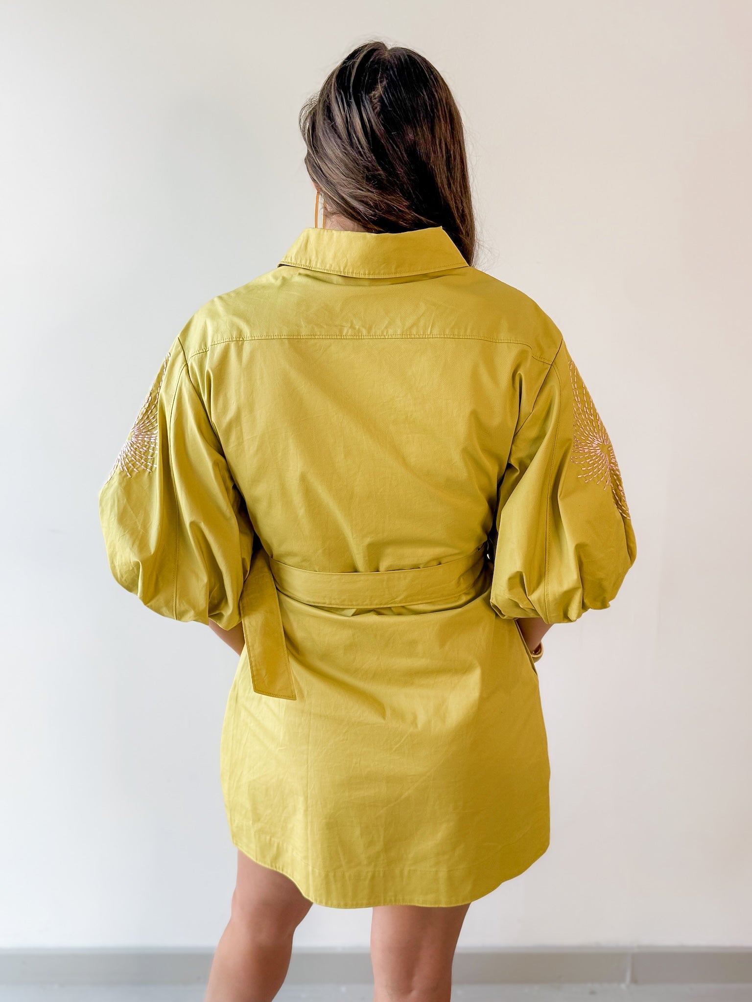 Puff Sleeve Shirt Dress- Chartreuse