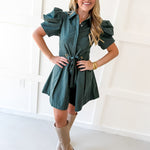 Puff Sleeve Waist Tie Dress - Green