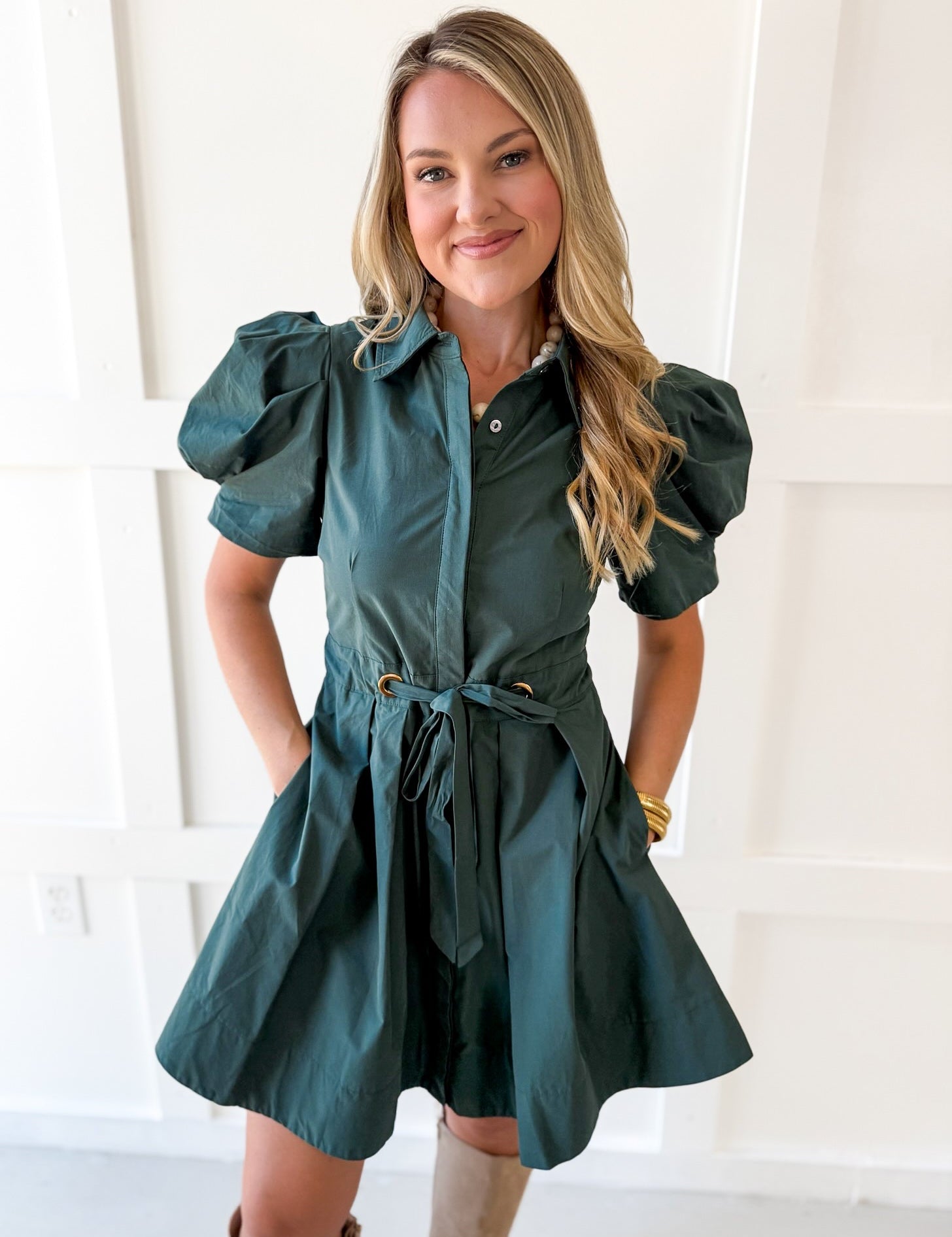 Puff Sleeve Waist Tie Dress - Green