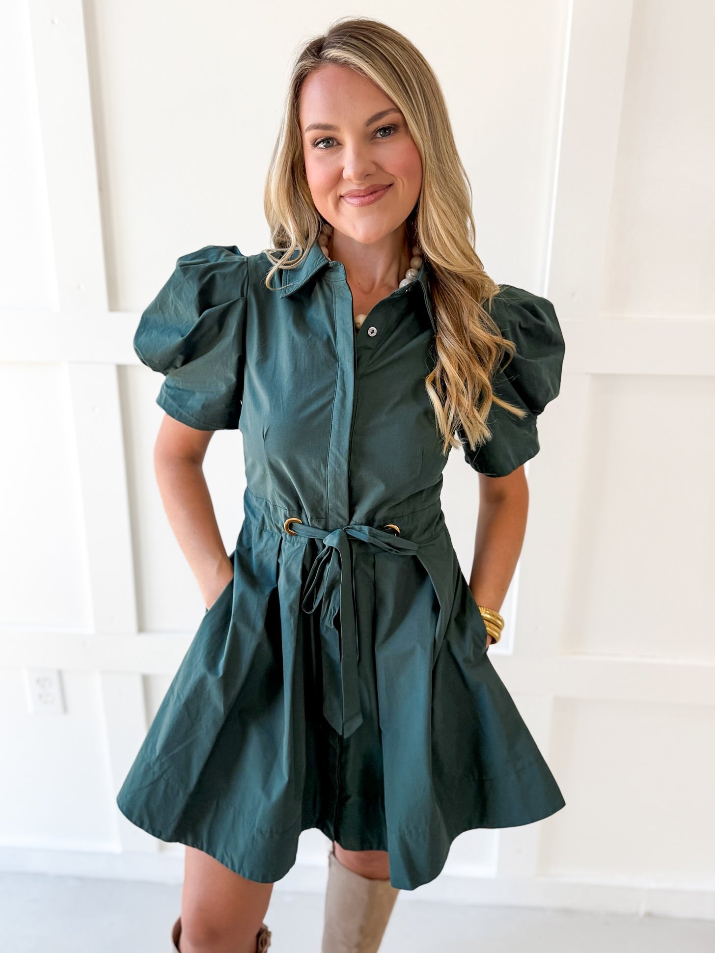 Puff Sleeve Waist Tie Dress - Green