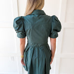 Puff Sleeve Waist Tie Dress - Green