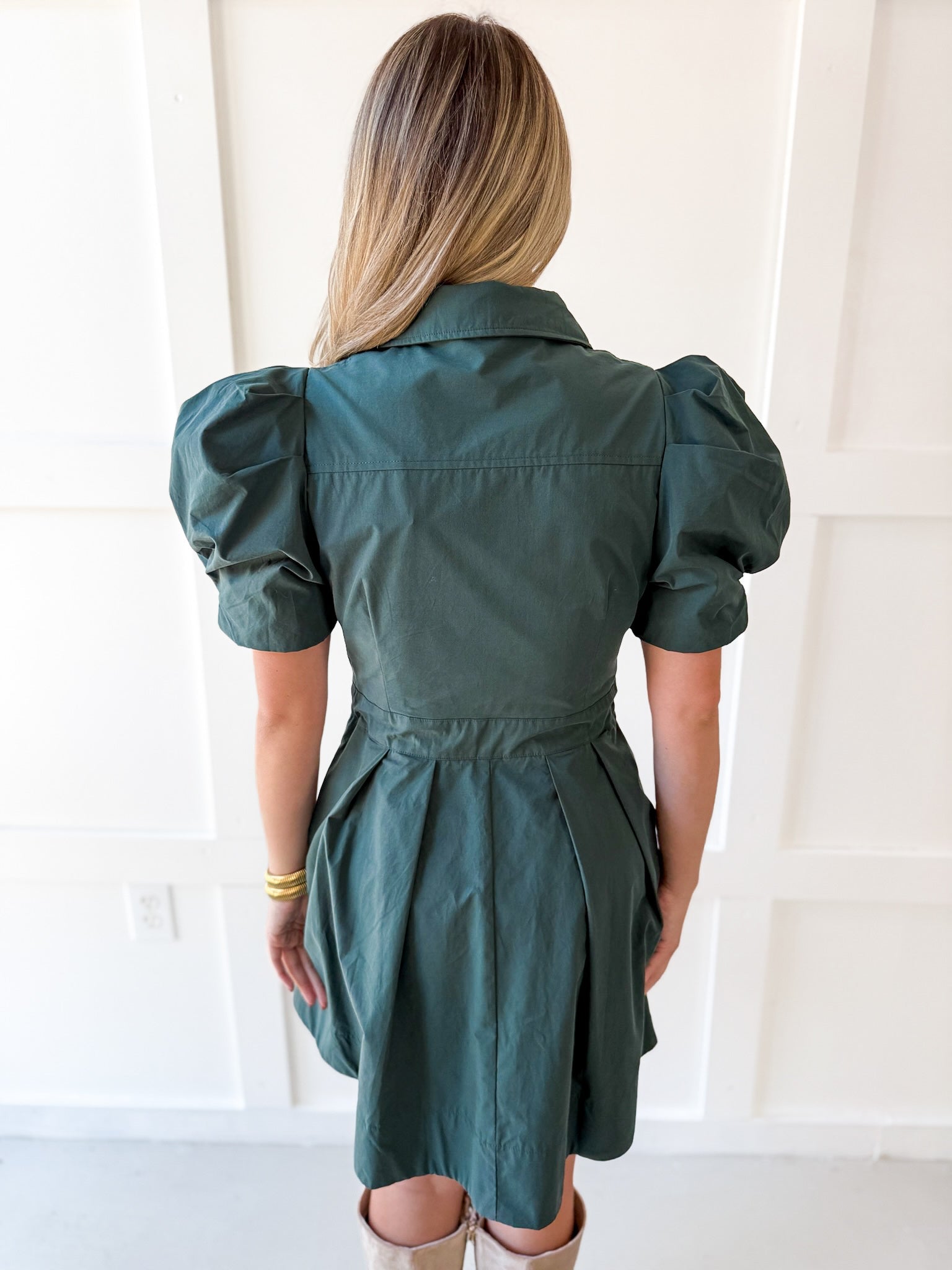 Puff Sleeve Waist Tie Dress - Green