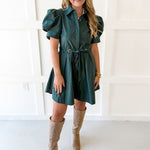 Puff Sleeve Waist Tie Dress - Green