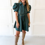 Puff Sleeve Waist Tie Dress - Green