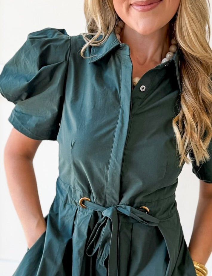 Puff Sleeve Waist Tie Dress - Green