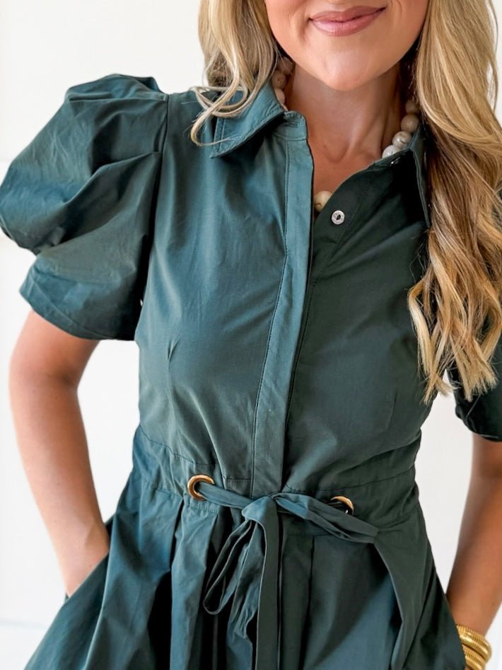 Puff Sleeve Waist Tie Dress - Green