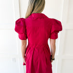 Puff Sleeve Waist Tie Dress - Red