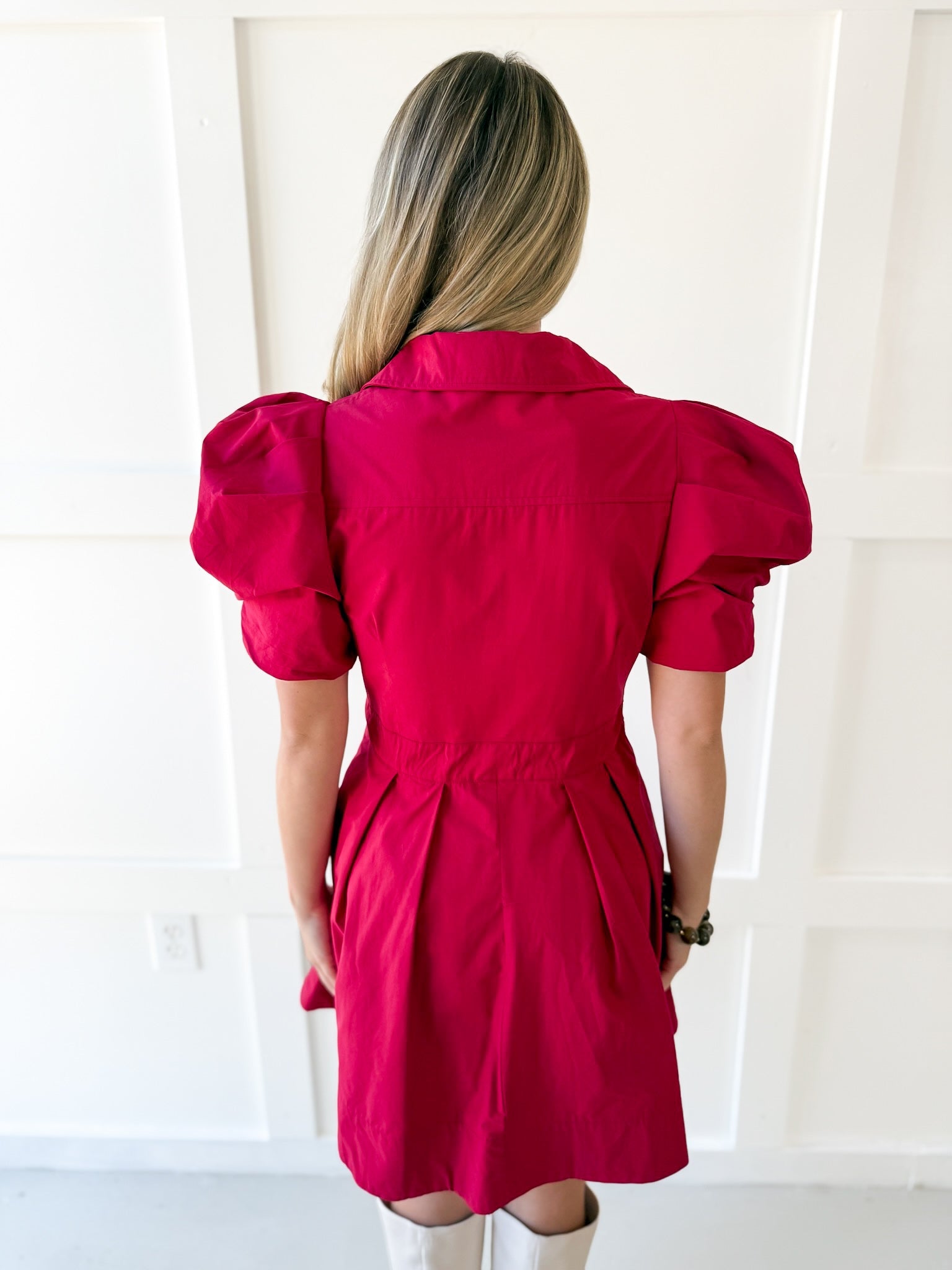 Puff Sleeve Waist Tie Dress - Red