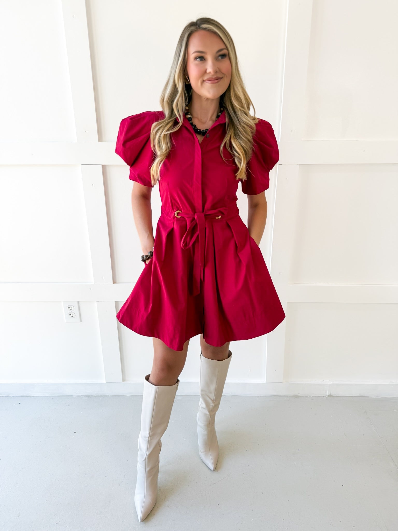 Puff Sleeve Waist Tie Dress - Red