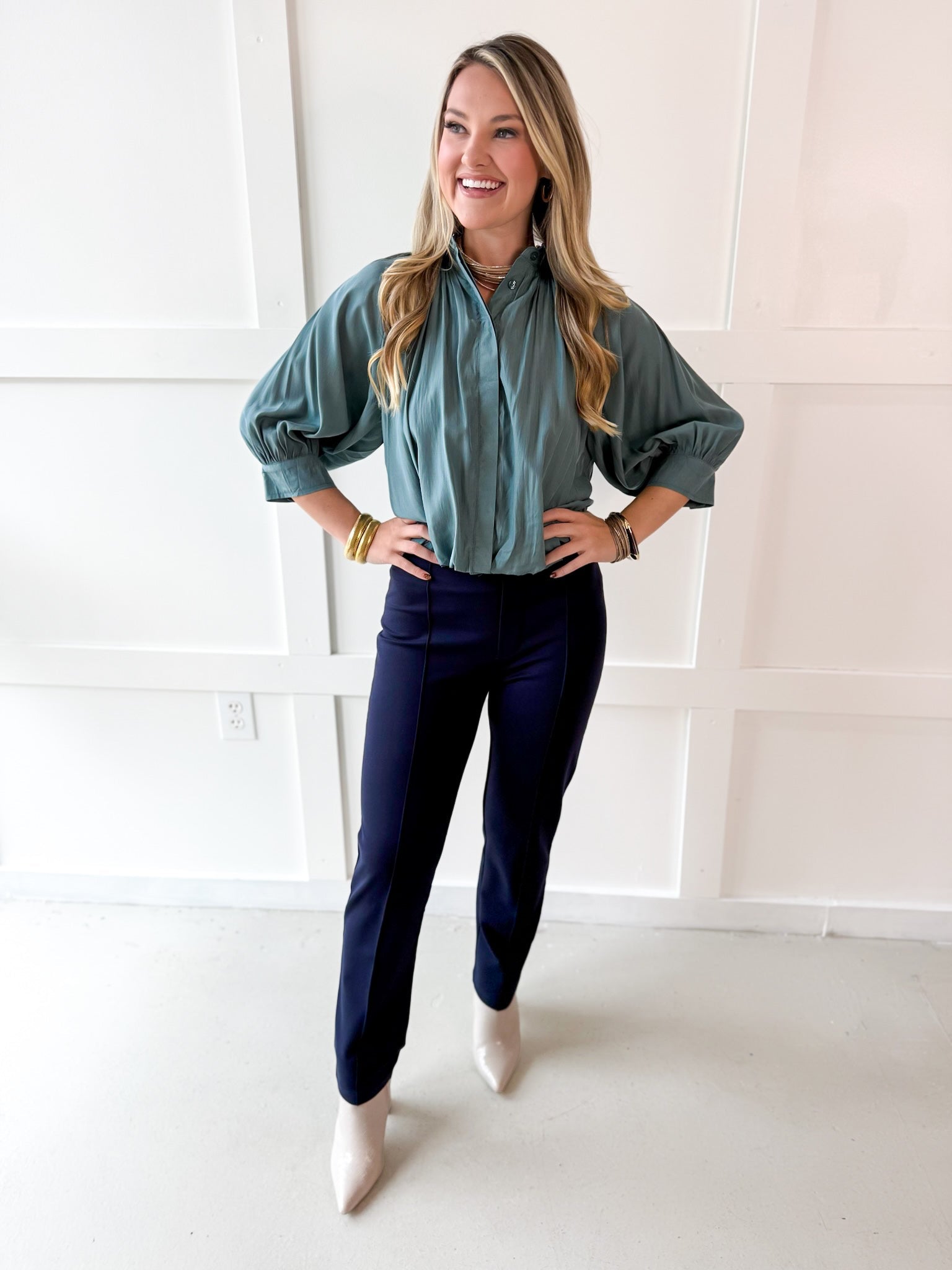 Puff Sleeved Collared Shirt - Blue