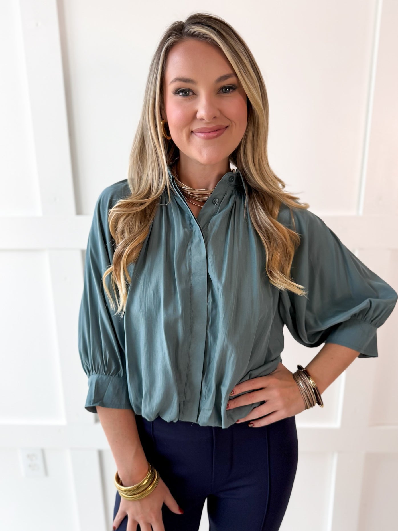Puff Sleeved Collared Shirt - Blue