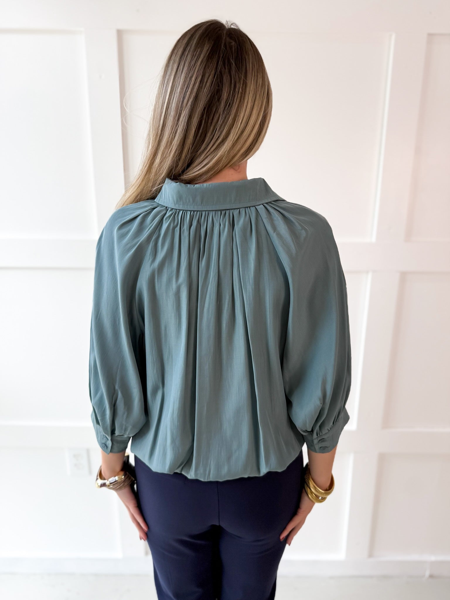 Puff Sleeved Collared Shirt - Blue