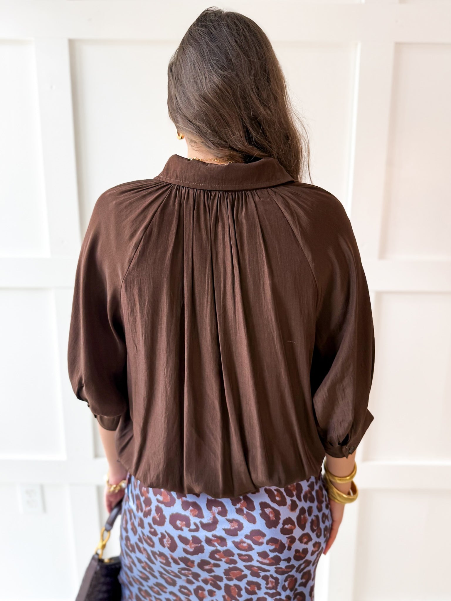 Puff Sleeved Collared Shirt - Brown
