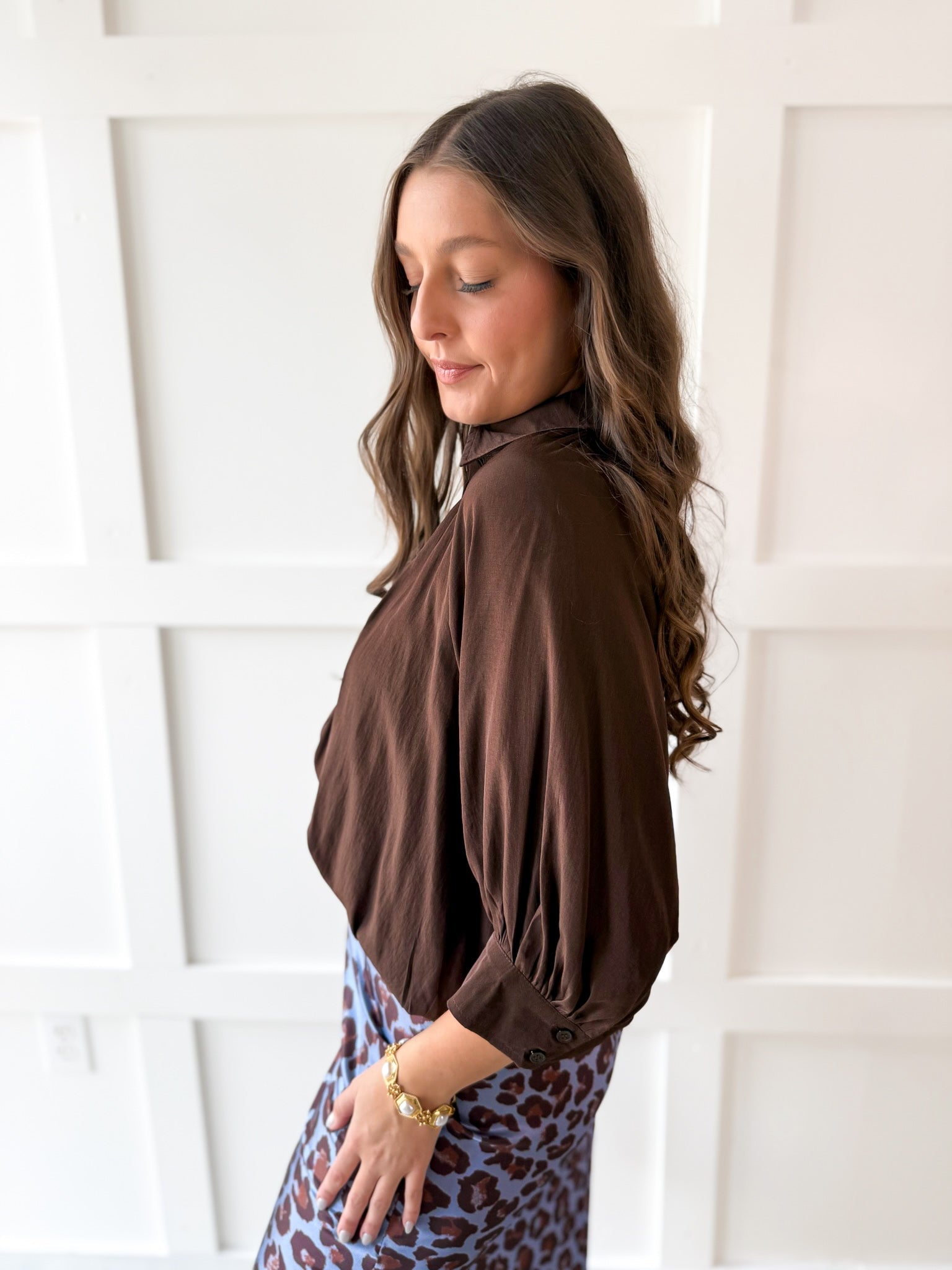 Puff Sleeved Collared Shirt - Brown