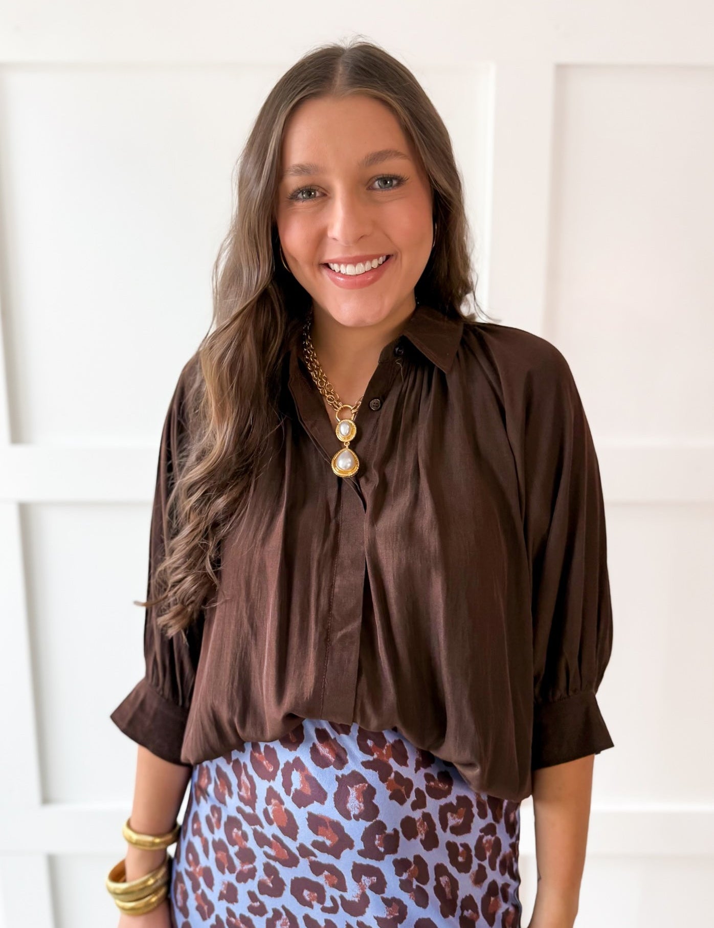 Puff Sleeved Collared Shirt - Brown
