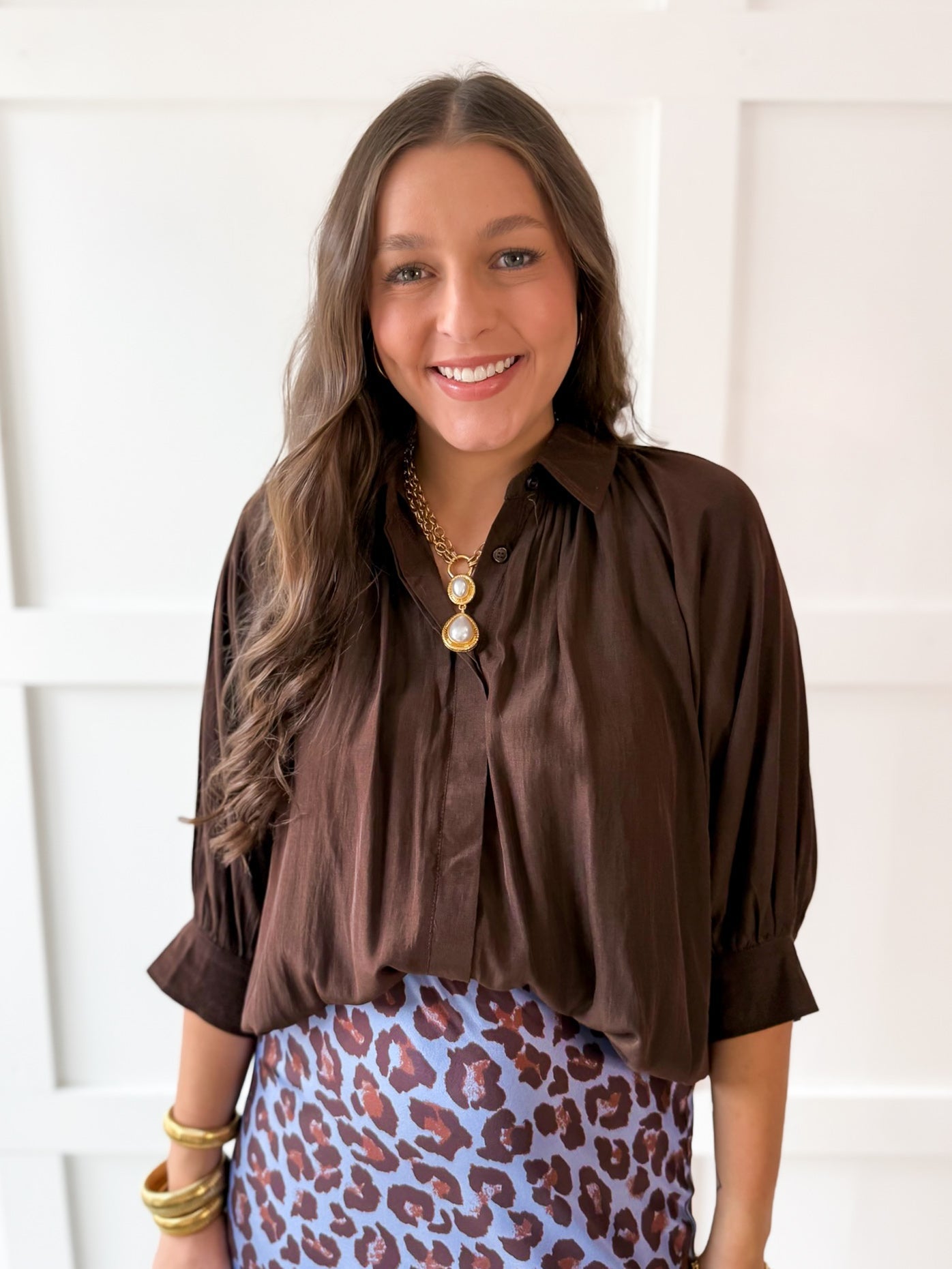 Puff Sleeved Collared Shirt - Brown