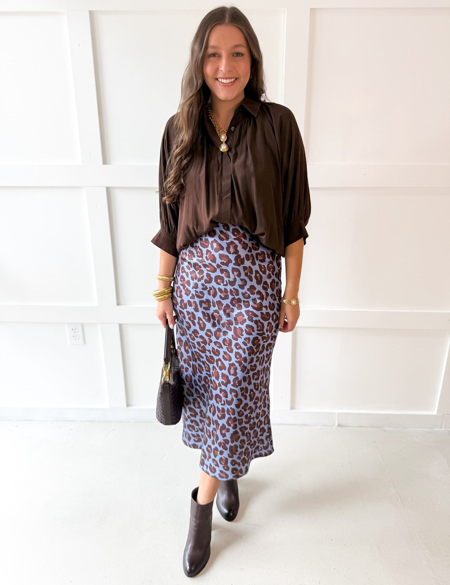 Puff Sleeved Collared Shirt - Brown